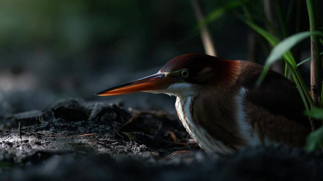 Portrait of a bittern bird with brown and white feathers sitting still on forest ground in the shadows of the green grassy foliage