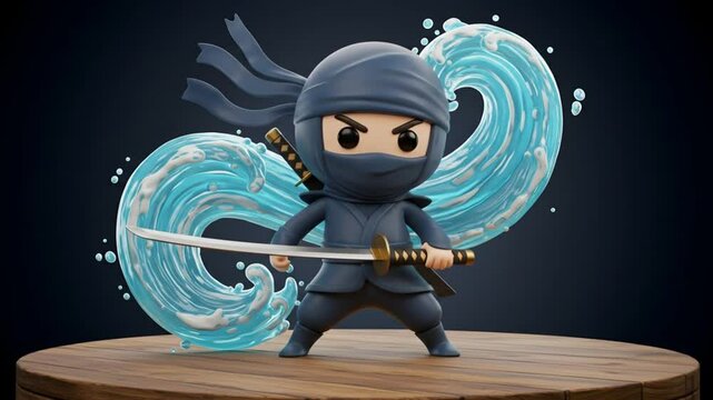 Ninja figure illustration with sword and animated water