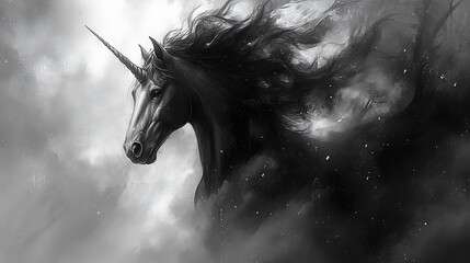 Majestic monochrome unicorn. Powerful, ethereal horse with horn and flowing mane. Smoky background