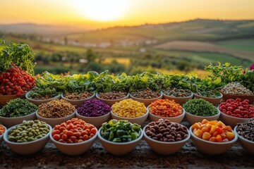 Colorful display of assorted fresh produce in small bowls.
