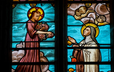 Stained glass (19th century) of St. Therese of Lisieux, Carmelite nun and Saint of the Roman...