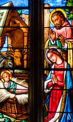 Stained glass (19th century) of Christmas Nativity Scene with Virgin Mary, Saint Joseph, and Jesus...