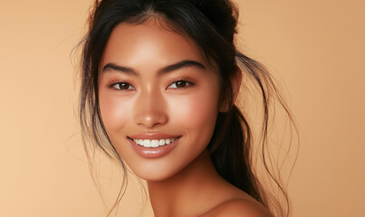 Naklejka premium A young woman's radiant smile, with glowing skin, and a natural look