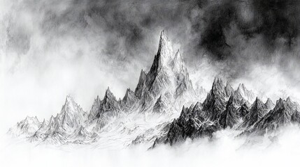 Majestic mountain range shrouded in dramatic clouds.  A powerful, detailed, grayscale landscape
