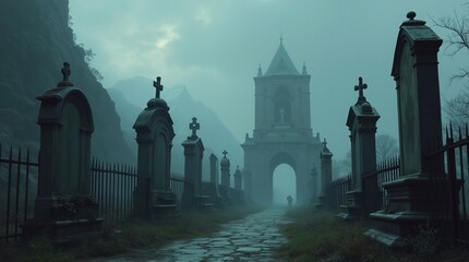 a scary gothic cemetary, by mountains on the left side, with fog rolling in