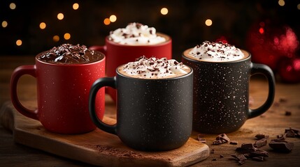 Three mugs of hot chocolate are presented on a wooden board with toppings like whipped cream and chocolate shavings.