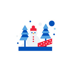 Winter wonderland icon featuring a snowman and pine trees for festive holiday decoration on white background