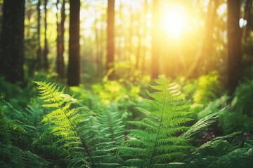Obraz premium Sunlight filters through trees in an Australian native forest with vibrant green ferns, Australia native forest nature background Green ferns and trees under sunshine
