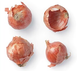 Four whole onions, top-down view, showing peeling.  Each onion has a slightly rough texture and light orange-pink skin.  The outer layers are coming away in flakes