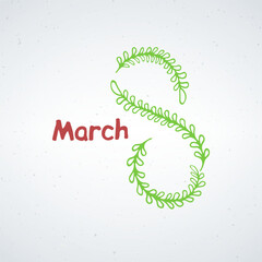 Illustration of March 8 international woman's day With Decorative Green Leaves and Text Design