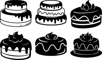 Six Delicious Cake Designs Black and White Illustrations