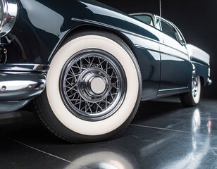 Classic vintage car with whitewall tires on reflective floor