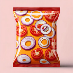 Artistic depiction of a snack bag filled with sliced tomatoes and red onion rings