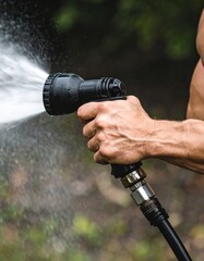 Male using garden hose for watering with adjustable nozzle outdoors
