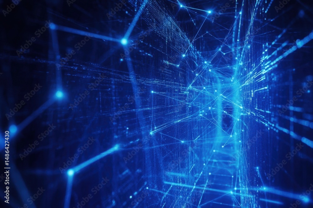 Poster abstract visualization of blue digital screens interconnected with data lines illustrating technolog
