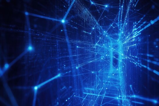 Abstract visualization of blue digital screens interconnected with data lines illustrating technology and innovation, Abstract digital blue screens connected with data lines - Powered by Adobe