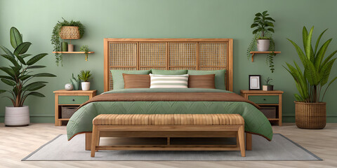 Boho green bedroom interior design with wooden bed and plants decor