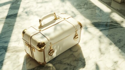 Elegant white leather vanity case with gold accents on marble surface