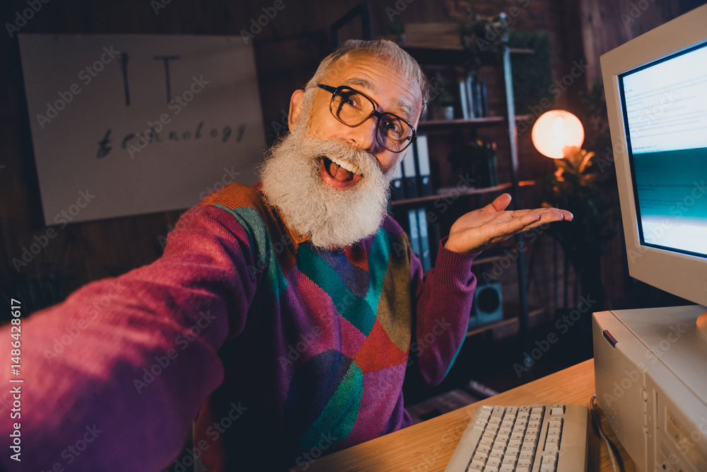 Poster elderly technology enthusiast enthusiastically engaged at a computer in a cozy home office setting, 