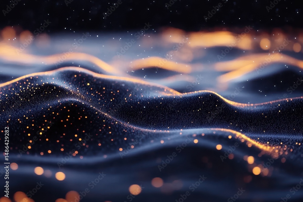 Poster flowing dark wavy particles of light creating a mesmerizing visual experience at night, dark photo f