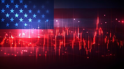 dramatic american flag background with translucent stock graph lines ascending and descending sharp peaks valleys symbolizing fluctuating economy concept