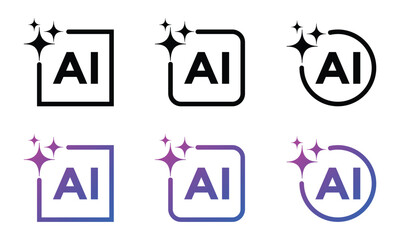 Artificial intelligence AI processor chip black line icon set. AI Processor circuit symbol logo vector template
