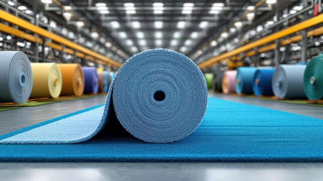 Rolls of colorful carpets in a well-lit manufacturing facility.