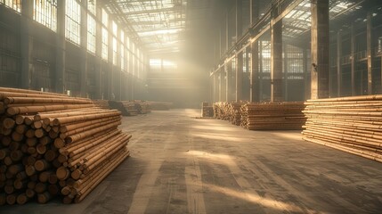 Fototapeta premium Spacious warehouse filled with stacked logs and beams.