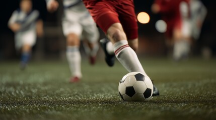 Fototapeta premium Close-up of soccer player's foot striking ball during intense match on a grass field under stadium lights