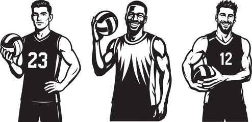 Three male basketball players holding ball and posing – black and white vector illustration