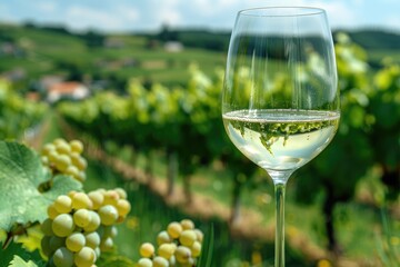 Sparkling wine glass amidst verdant vineyard.