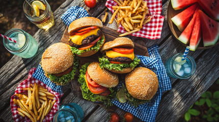 Summer BBQ Flat-Lay Featuring Cheeseburgers, Watermelon Slices, and Mason Jar Drinks in Natural Light