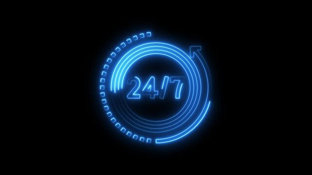 Animated neon sign with 24/7 availability symbol glowing against a black background