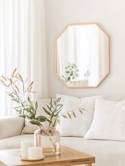 Modern living room with a white sofa and a wooden coffee table in front of it. on the coffee table, there is a vase with green leaves and two white candles.