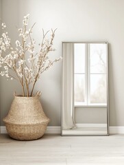 Corner of a room with a large mirror on the right side. the mirror is rectangular in shape and has a silver frame. on the left side of the image, there is a woven basket with a handle on top.