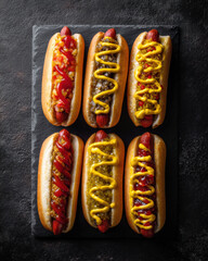 Top-Down View of Hot Dogs with Mustard, Ketchup, and Relish on Black Slate Background in Clean Flat Lay