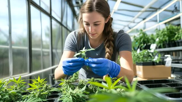 A scientist studies the structure of cannabis plants in a well-organized greenhouse. Blue nitrile gloves protect the plants as the researcher works on advancing the knowledge of me