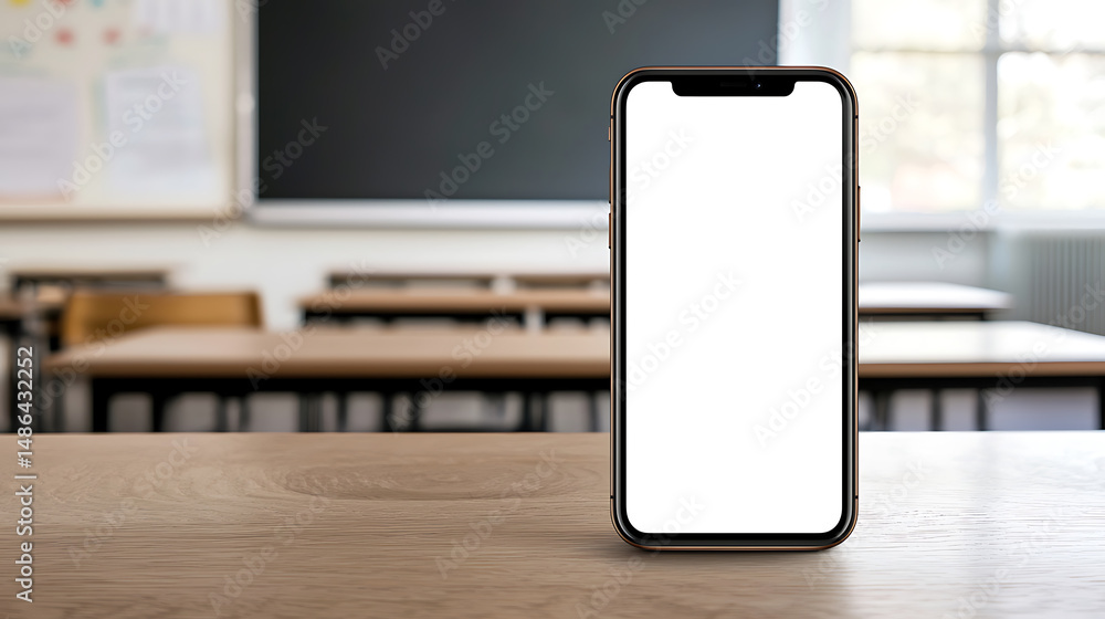 Poster mobile device with blank screen on a desk in a classroom. digital learning tool for students and edu