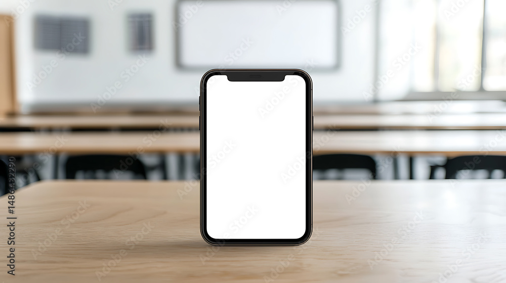 Poster smartphone with a blank screen on a wooden desk in an empty classroom. great for app mockups or educ