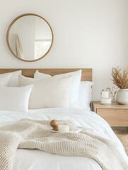 Modern and minimalistic bedroom with a white bed in the center. the bed has a wooden headboard and is covered with white linens and pillows. above the bed, there is a round mirror hanging on the wall.