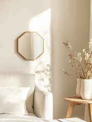 Modern living room with a white sofa and a wooden side table. on the side table, there are two white vases with dried flowers in them.