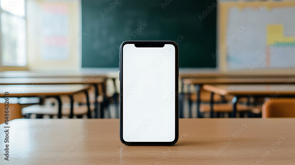 Poster mobile device with a blank screen standing on a desk in a classroom, perfect for e-learning or educa
