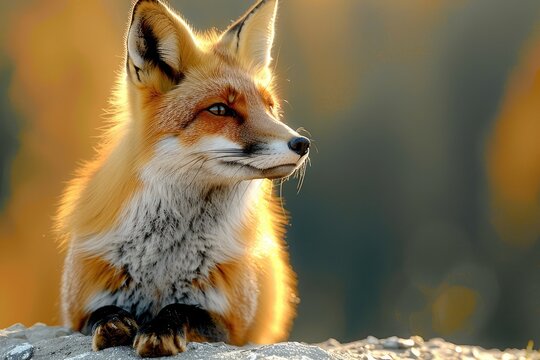 A beautiful red fox resting in golden sunlight.