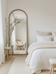 Modern and minimalistic bedroom with a large arched mirror on the wall above the bed. the bed is covered with a white comforter and several white pillows.