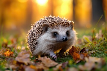 Adorable hedgehog amidst autumnal foliage.
