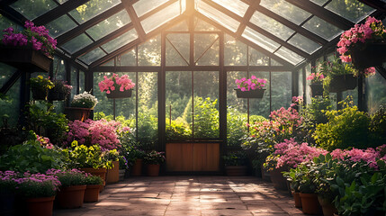 A charming greenhouse filled with succulents, potted flowers, and sunlight streaming through glass panels