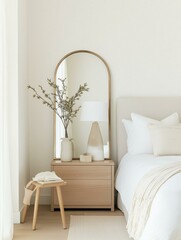 Modern and minimalistic bedroom with a white color scheme.