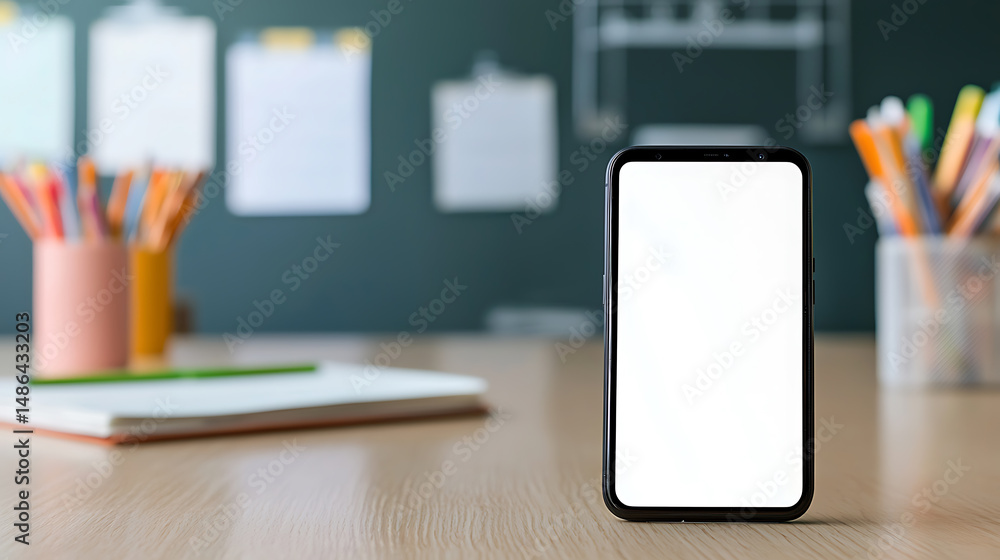 Poster smartphone with a blank white screen in a classroom setting, next to a notebook and colorful pens, r