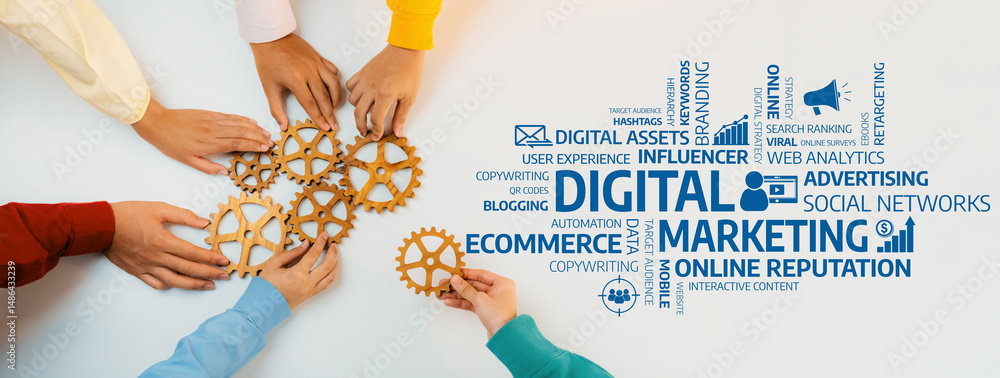 Poster engaging image showcasing hands working together with gears symbolizing collaboration in digital mar