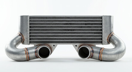 Fototapeta premium Aluminum intercooler showing cooling fins and inlet outlets on white background